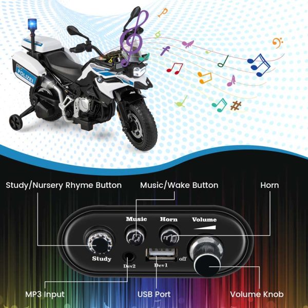 Licensed BMW Kids Ride On Police Motorcycle, 12V Battery Powered Cop Dirt Bike with Training Wheels, Siren Light, MP3, Music