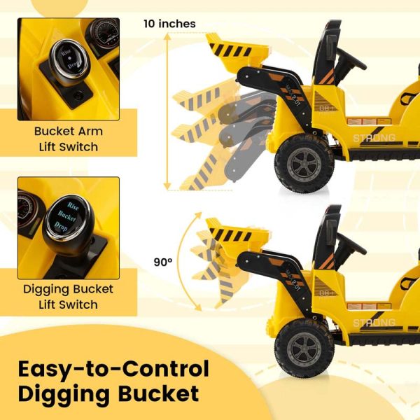 12V Kids Ride on Excavator, Battery Powered Bulldozer Digger with Adjustable Digging Bucket, Electric Construction Vehicle Toy for Toddlers