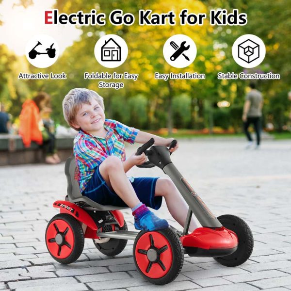 Kids Folding Electric Go Cart, 12V Battery Ride-On Car with Adjustable Seat and Steering Wheel, Detachable Cup Holder, LED Light