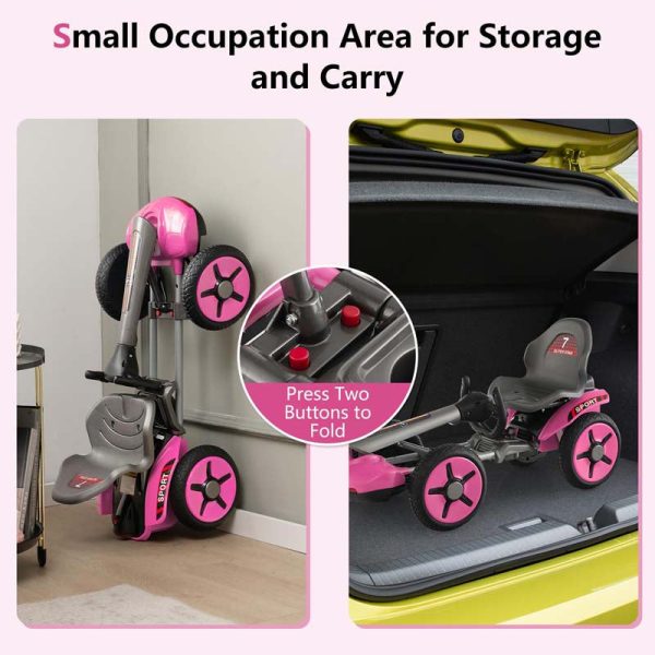 Kids Folding Electric Go Cart, 12V Battery Ride-On Car with Adjustable Seat and Steering Wheel, Detachable Cup Holder, LED Light