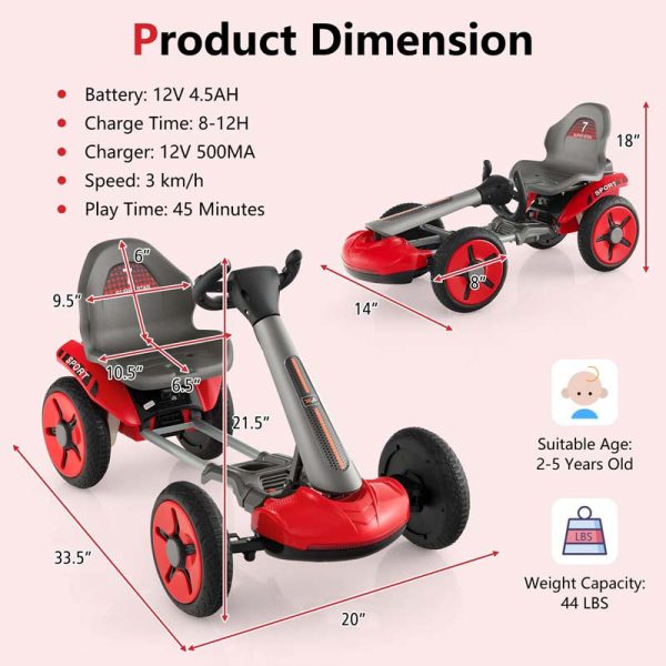 Kids Folding Electric Go Cart, 12V Battery Ride-On Car with Adjustable Seat and Steering Wheel, Detachable Cup Holder, LED Light