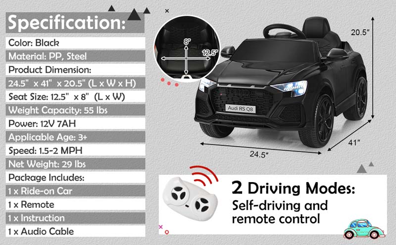 Eletriclife 12 V Licensed Audi Q8 Kids Ride On Car with Remote Control