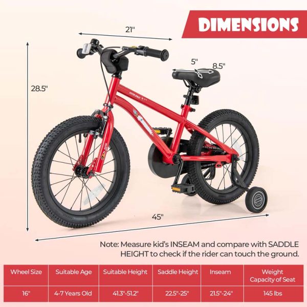 16" Kids Bike for 4-7 Years Old Girls Boys Sport Bicycle with Adjustable Saddle, Training Wheels, Reflectors