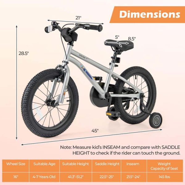 16" Kids Bike for 4-7 Years Old Girls Boys Sport Bicycle with Adjustable Saddle, Training Wheels, Reflectors