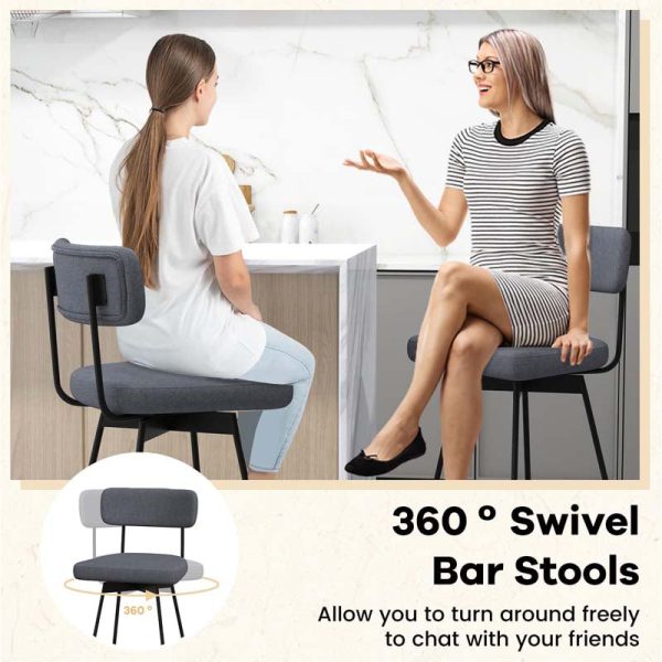 29" Upholstered Bar Stools with Back, 360?? Swivel Bar Height Chairs with Heavy-Duty Metal Legs and Footrests, Fabric Seat