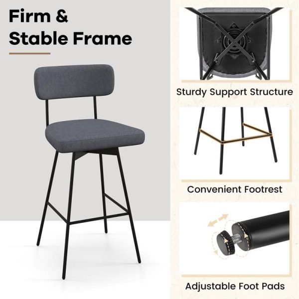 29" Upholstered Bar Stools with Back, 360?? Swivel Bar Height Chairs with Heavy-Duty Metal Legs and Footrests, Fabric Seat