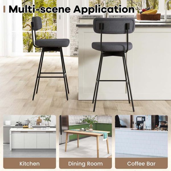 29" Upholstered Bar Stools with Back, 360?? Swivel Bar Height Chairs with Heavy-Duty Metal Legs and Footrests, Fabric Seat