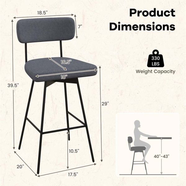 29" Upholstered Bar Stools with Back, 360?? Swivel Bar Height Chairs with Heavy-Duty Metal Legs and Footrests, Fabric Seat