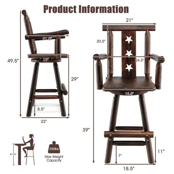 29" Rustic Swivel Bar Stool with Decorative Star Backrest, Solid Fir Wood Bar Chair for Dining Room Kitchen Pub