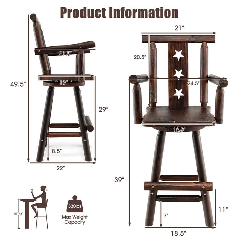Eletriclife 29 Inch Wooden Swivel Bar Stool with Footrest Backrest Armrest