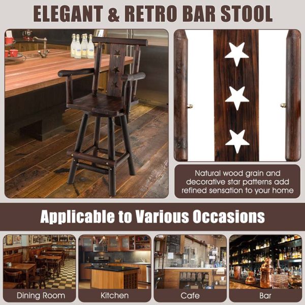 29" Rustic Swivel Bar Stool with Decorative Star Backrest, Solid Fir Wood Bar Chair for Dining Room Kitchen Pub