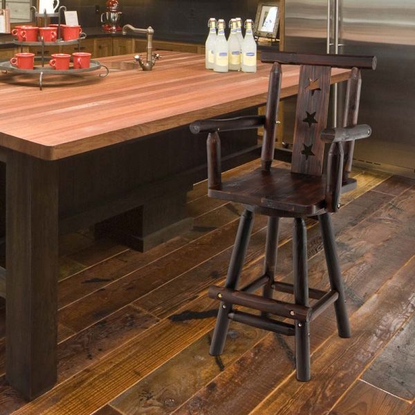 29" Rustic Swivel Bar Stool with Decorative Star Backrest, Solid Fir Wood Bar Chair for Dining Room Kitchen Pub