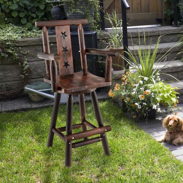 29" Rustic Swivel Bar Stool with Decorative Star Backrest, Solid Fir Wood Bar Chair for Dining Room Kitchen Pub