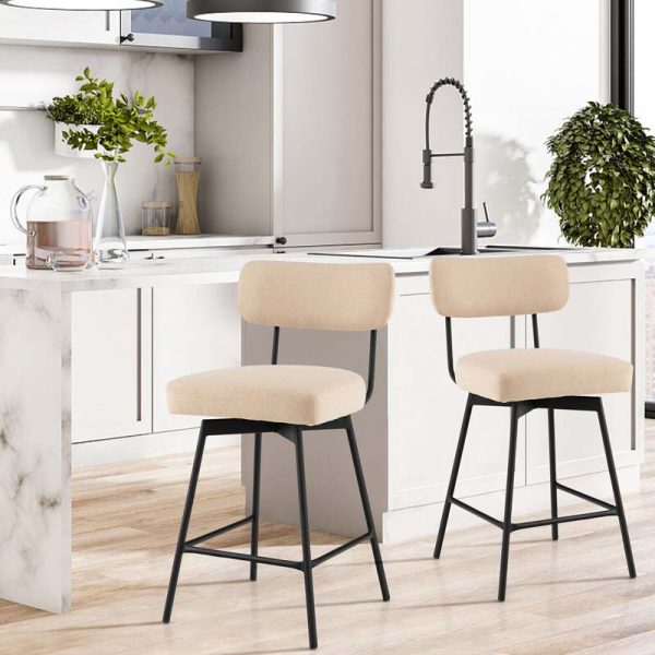 2 Pcs 360?? Swivel Bar Stools 25" Upholstered Bar Height Dining Chairs with Back, Metal Legs & Footrests