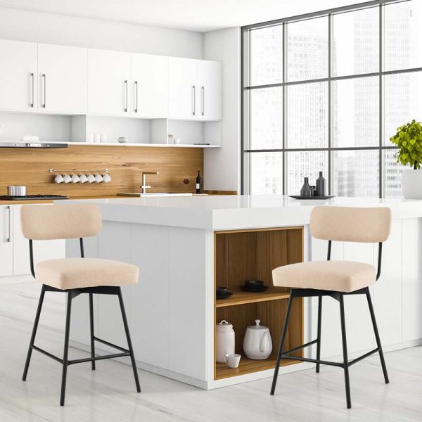2 Pcs 360?? Swivel Bar Stools 25" Upholstered Bar Height Dining Chairs with Back, Metal Legs & Footrests
