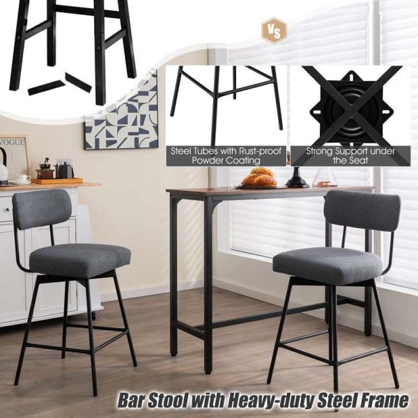 2 Pcs 360?? Swivel Bar Stools 25" Upholstered Bar Height Dining Chairs with Back, Metal Legs & Footrests