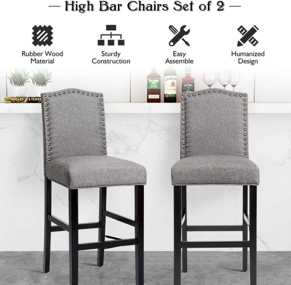 2-Pack 30" Bar Stools with Nailhead Trim, Fabric Counter Height Stools, Kitchen Dining Chairs