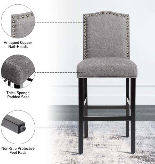 2-Pack 30" Bar Stools with Nailhead Trim, Fabric Counter Height Stools, Kitchen Dining Chairs