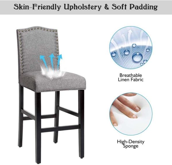 2-Pack 30" Bar Stools with Nailhead Trim, Fabric Counter Height Stools, Kitchen Dining Chairs