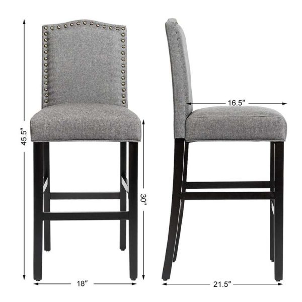 2-Pack 30" Bar Stools with Nailhead Trim, Fabric Counter Height Stools, Kitchen Dining Chairs