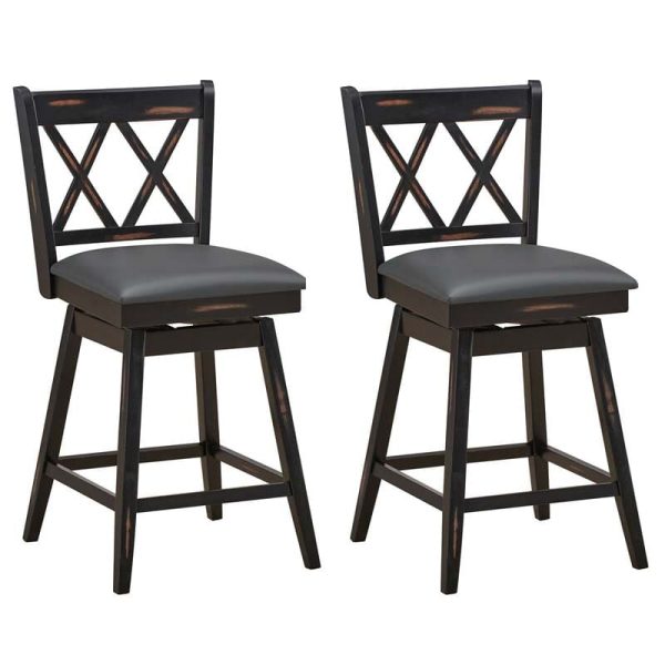 2 Pcs 25" Swivel Bar Stools with Back & Rubber Wood Legs, Upholstered Counter Height Bar Chairs for Pub
