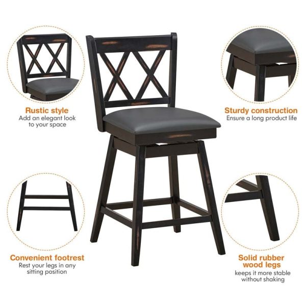 2 Pcs 25" Swivel Bar Stools with Back & Rubber Wood Legs, Upholstered Counter Height Bar Chairs for Pub