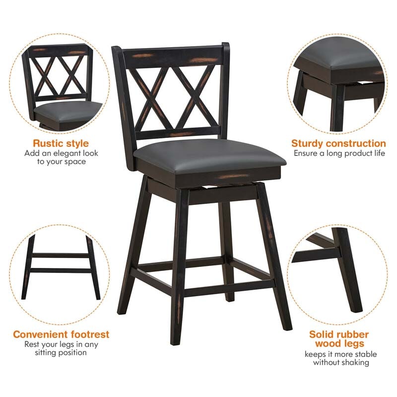 Eletriclife 2 Pieces 25 Inch Swivel Barstool Set with Rubber Wood Legs