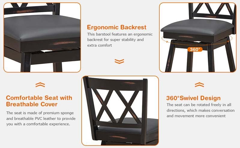 Eletriclife 2 Pieces 25 Inch Swivel Barstool Set with Rubber Wood Legs