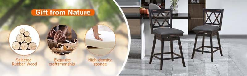 Eletriclife 2 Pieces 25 Inch Swivel Barstool Set with Rubber Wood Legs