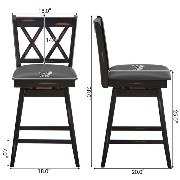 2 Pcs 25" Swivel Bar Stools with Back & Rubber Wood Legs, Upholstered Counter Height Bar Chairs for Pub