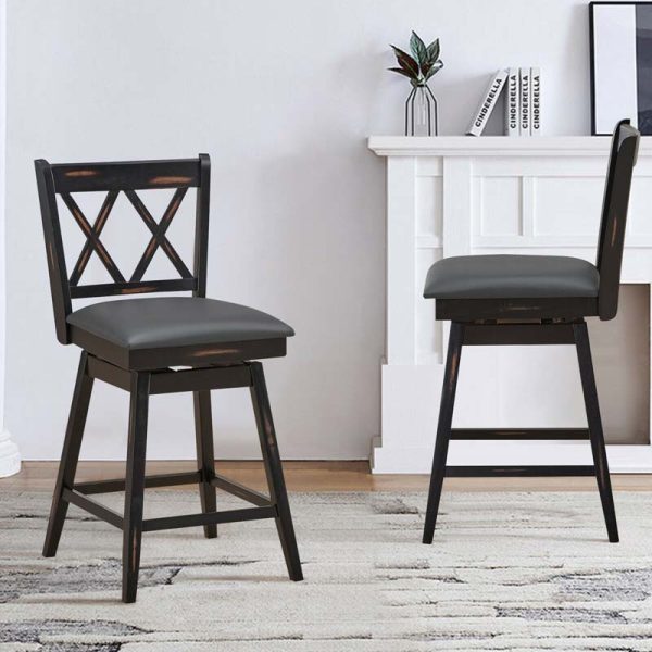 2 Pcs 25" Swivel Bar Stools with Back & Rubber Wood Legs, Upholstered Counter Height Bar Chairs for Pub