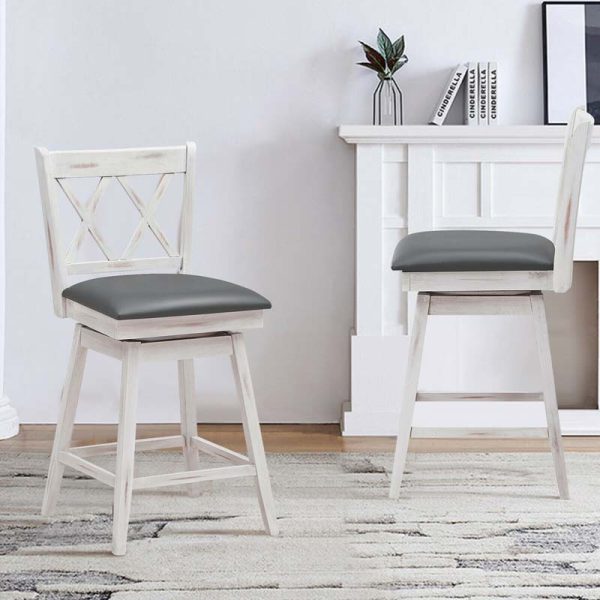 2 Pcs 25" Swivel Bar Stools with Back & Rubber Wood Legs, Upholstered Counter Height Bar Chairs for Pub