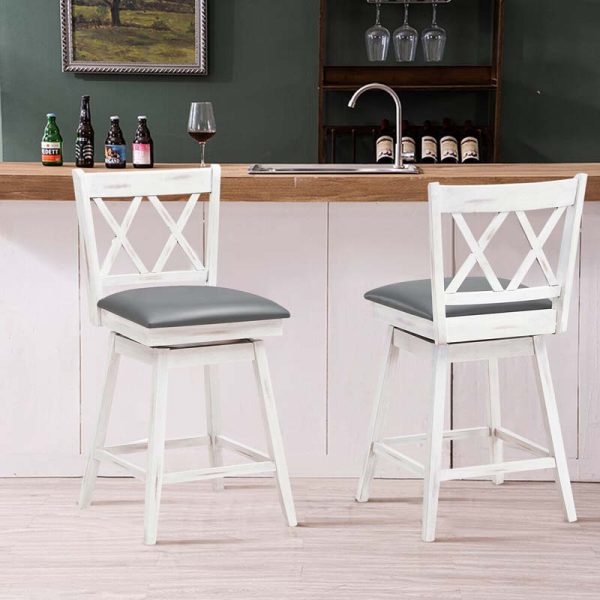 2 Pcs 25" Swivel Bar Stools with Back & Rubber Wood Legs, Upholstered Counter Height Bar Chairs for Pub