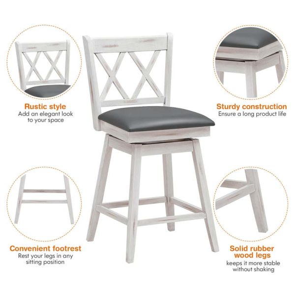 2 Pcs 25" Swivel Bar Stools with Back & Rubber Wood Legs, Upholstered Counter Height Bar Chairs for Pub
