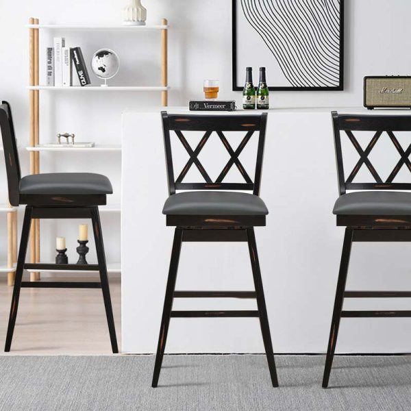 2 Pcs 29" Swivel Bar Stools with Back & Rubber Wood Legs, Upholstered Counter Height Bar Chairs for Pub