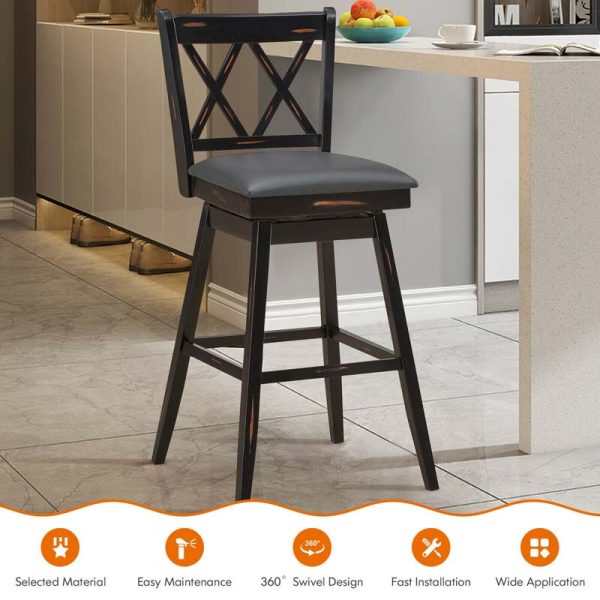 2 Pcs 29" Swivel Bar Stools with Back & Rubber Wood Legs, Upholstered Counter Height Bar Chairs for Pub