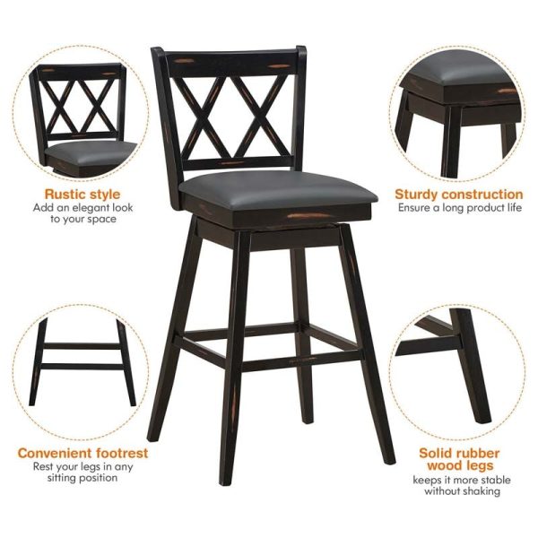 2 Pcs 29" Swivel Bar Stools with Back & Rubber Wood Legs, Upholstered Counter Height Bar Chairs for Pub