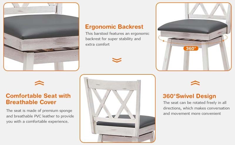 Eletriclife 2 Pieces 29 Inch Swivel Barstool Set with Rubber Wood Legs