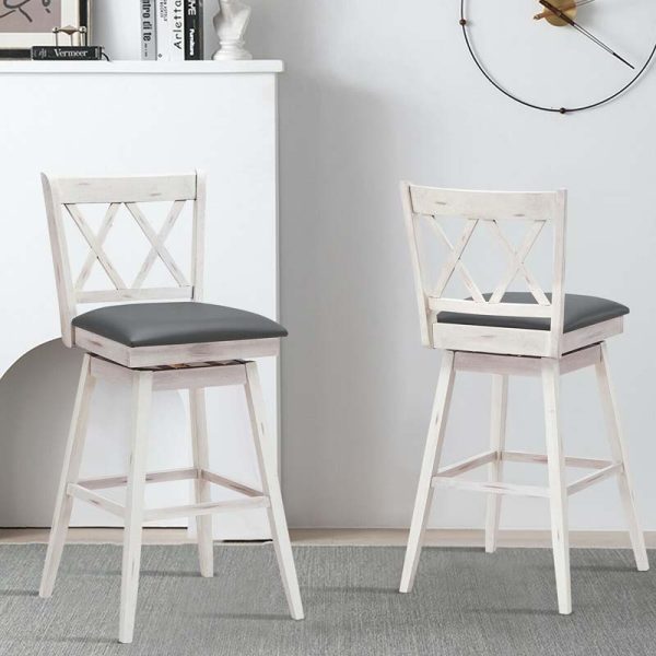 2 Pcs 29" Swivel Bar Stools with Back & Rubber Wood Legs, Upholstered Counter Height Bar Chairs for Pub
