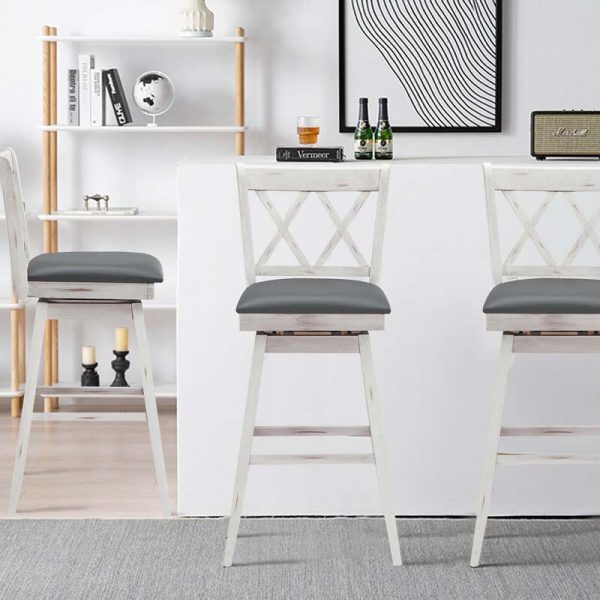 2 Pcs 29" Swivel Bar Stools with Back & Rubber Wood Legs, Upholstered Counter Height Bar Chairs for Pub