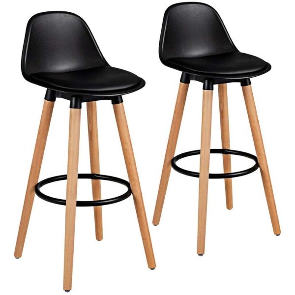 2 Pcs 28.5" Mid-Century Bar Stools Upholstered Counter Height Bar Chairs w/Curved Backrest & Metal Footrest