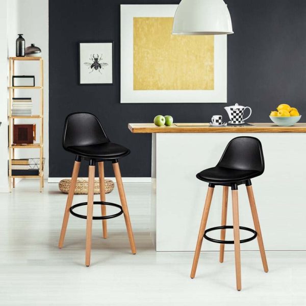 2 Pcs 28.5" Mid-Century Bar Stools Upholstered Counter Height Bar Chairs w/Curved Backrest & Metal Footrest