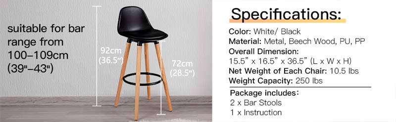Eletriclife 2 Pieces Mid-Century Barstool 28.5 Inch Dining Pub Chairs