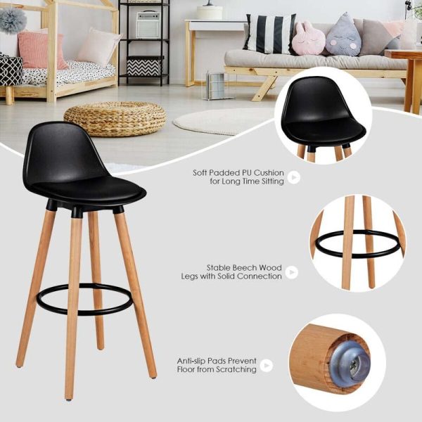 2 Pcs 28.5" Mid-Century Bar Stools Upholstered Counter Height Bar Chairs w/Curved Backrest & Metal Footrest