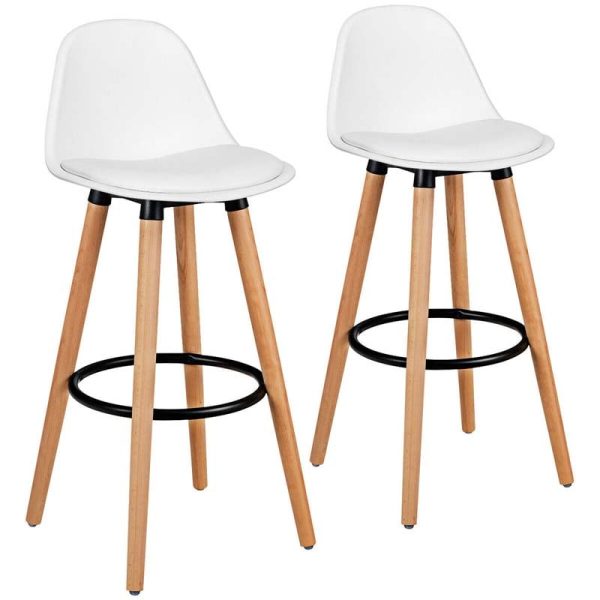 2 Pcs 28.5" Mid-Century Bar Stools Upholstered Counter Height Bar Chairs w/Curved Backrest & Metal Footrest
