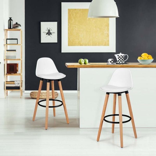 2 Pcs 28.5" Mid-Century Bar Stools Upholstered Counter Height Bar Chairs w/Curved Backrest & Metal Footrest