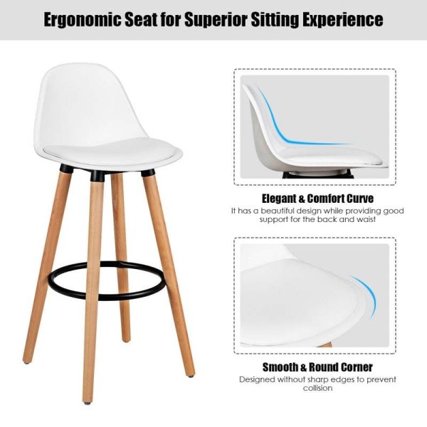 2 Pcs 28.5" Mid-Century Bar Stools Upholstered Counter Height Bar Chairs w/Curved Backrest & Metal Footrest