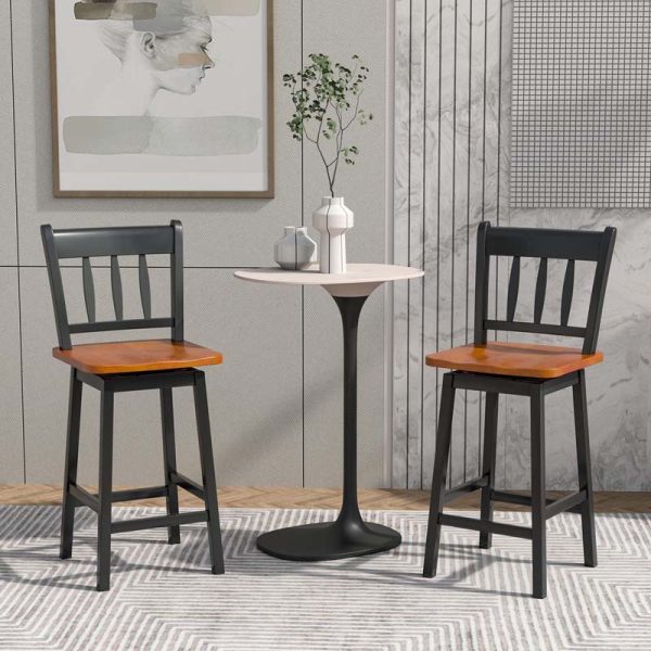 2 Pcs 24.5" Rubber Wood Vintage Bar Chairs 360 Degree Swivel Bar Stools with Back & Footrest