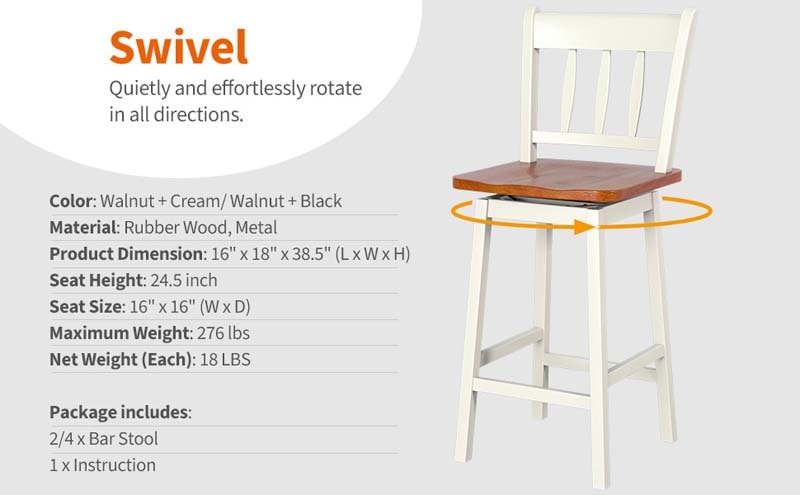 Eletriclife 2 pcs 24.5 Inches Rubber Wood Swivel Bar Stools