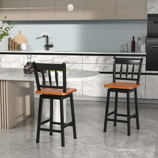 2 Pcs 24.5" Rubber Wood Vintage Bar Chairs 360 Degree Swivel Bar Stools with Back & Footrest